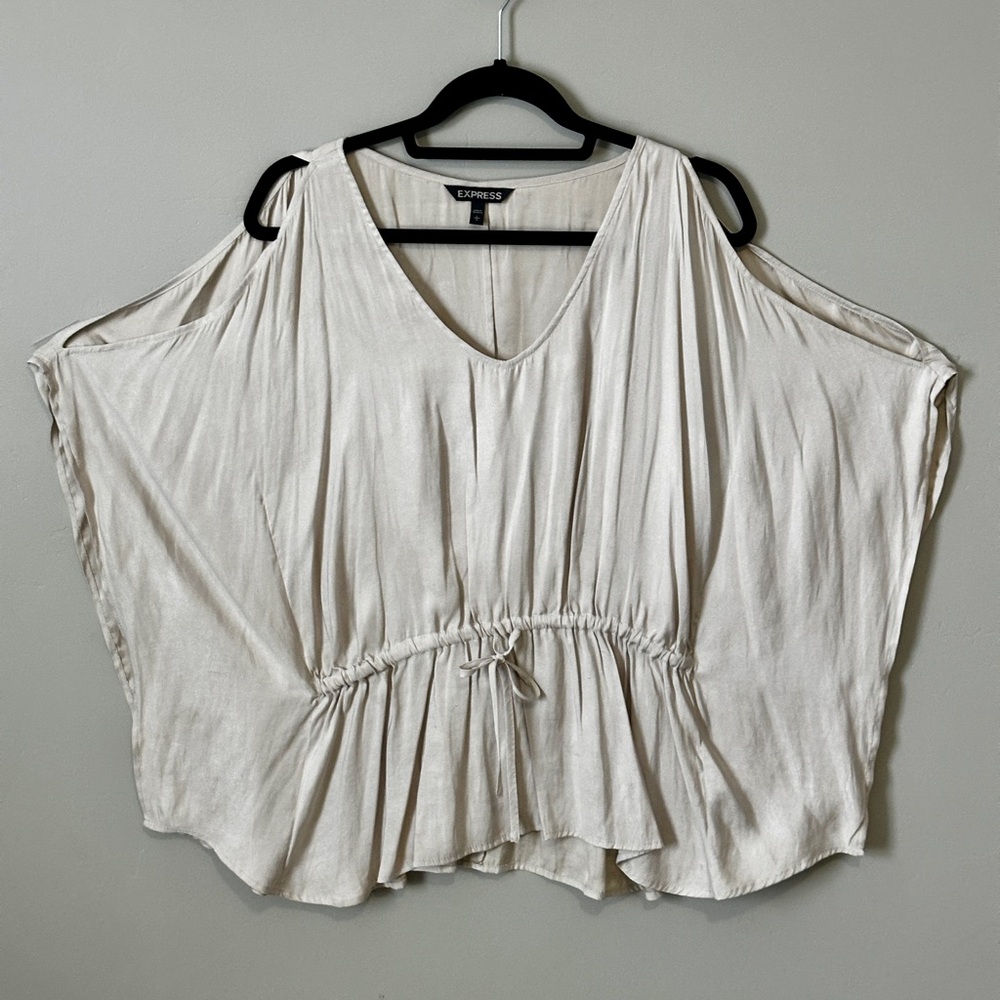 Express Cream Cold-Shoulder Drawstring V-Neck Blouse